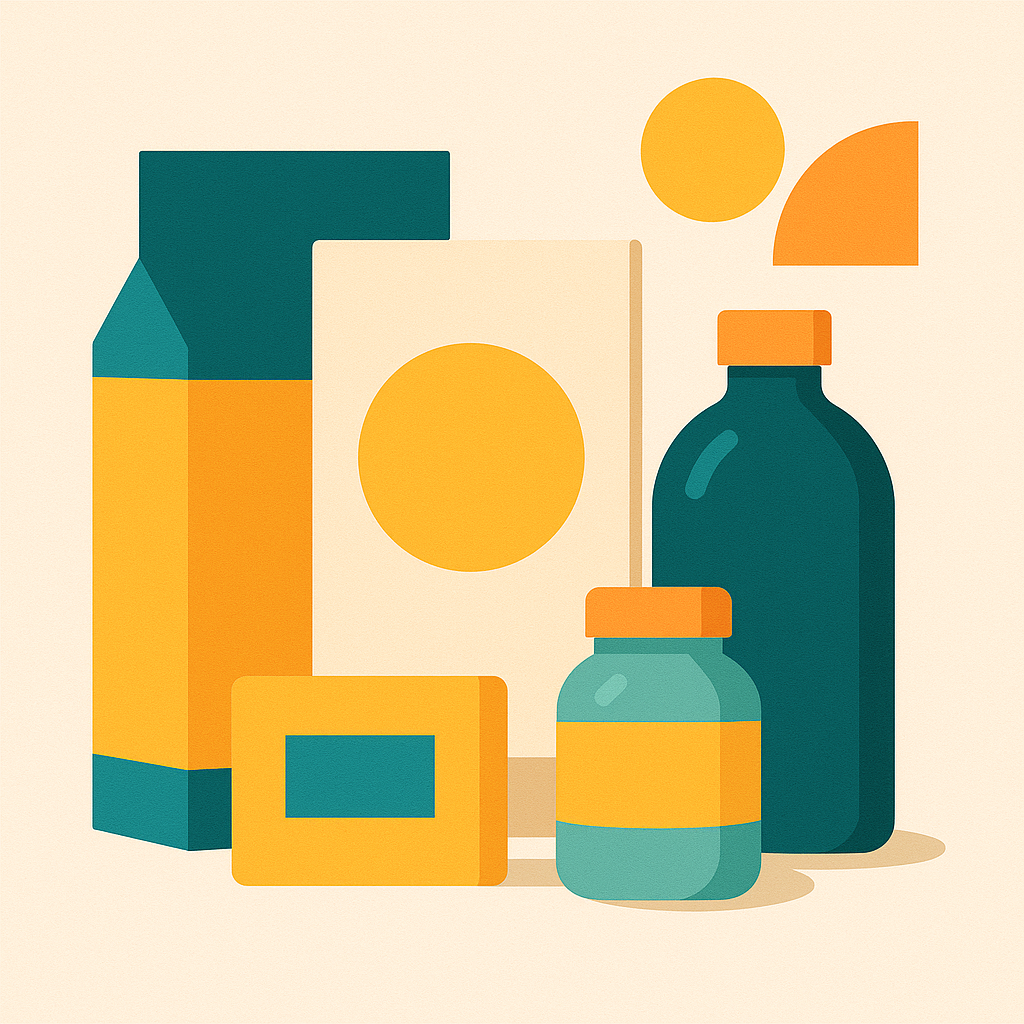 Abstract illustration of private label packaging design with bottles, jars and boxes